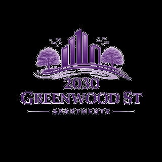 2030 Greenwood St Apartments logo featuring purple buildings, trees, and curved landscape design on black background